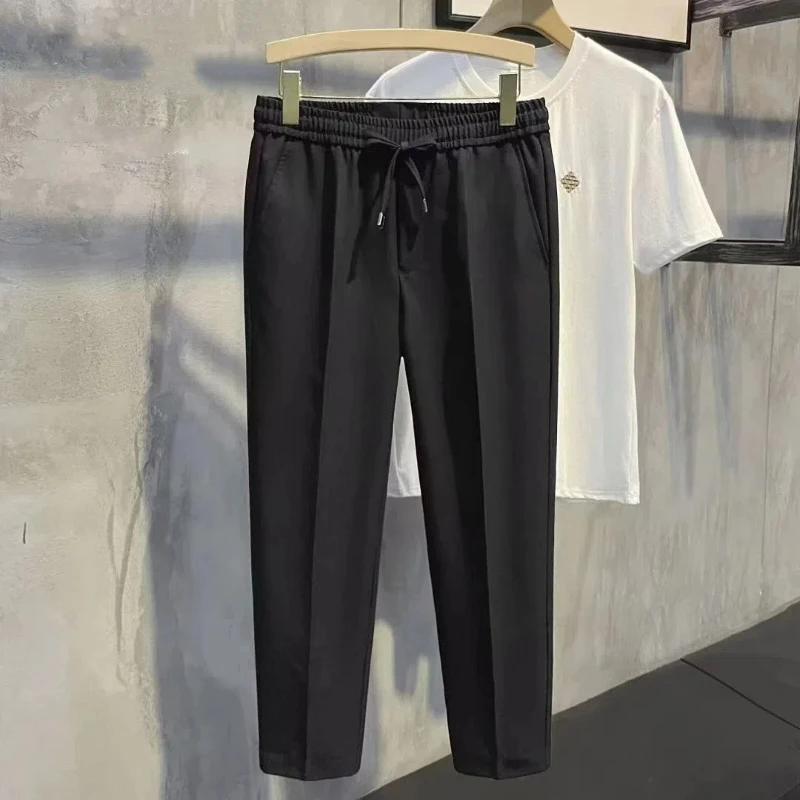 2024 Summer Minimalist Solid Color Men's Pants Pockets Elastic Drawstring High Waisted Loose Straight Business Casual Trousers