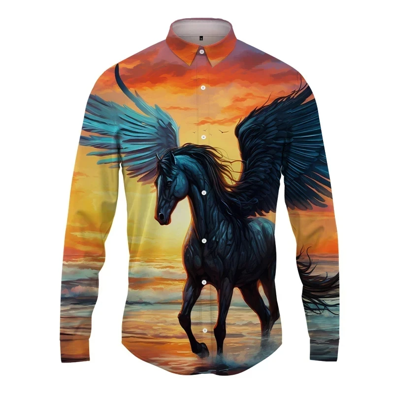 thumbnail image 1 of Camisas con estampado 3D de caballos para hombre, blusa informal de manga larga con botones, ropa de calle, camisa de playa de gran tamaño para hombre, 1 of 5
