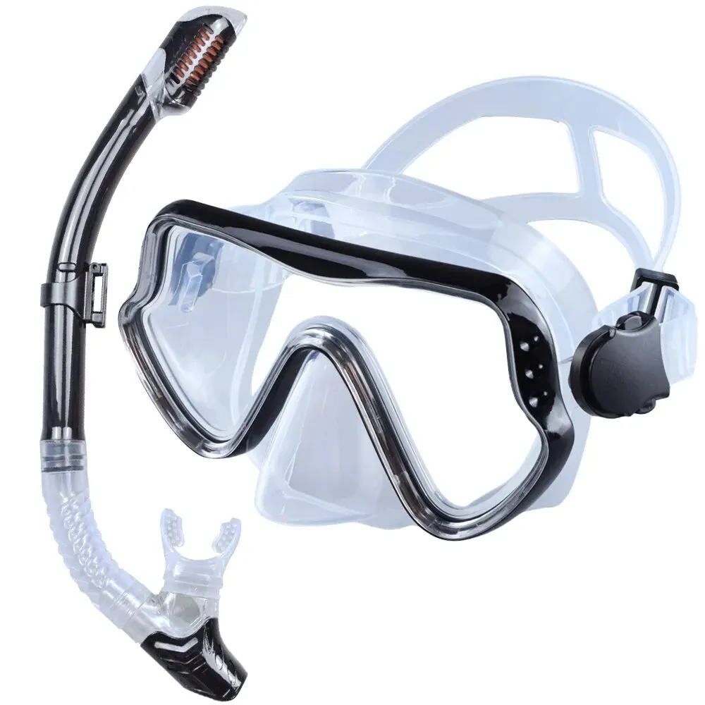 Adult Panoramic Snorkeling Gear Set with Tempered Glass Dive Mask and Dry Snorkel