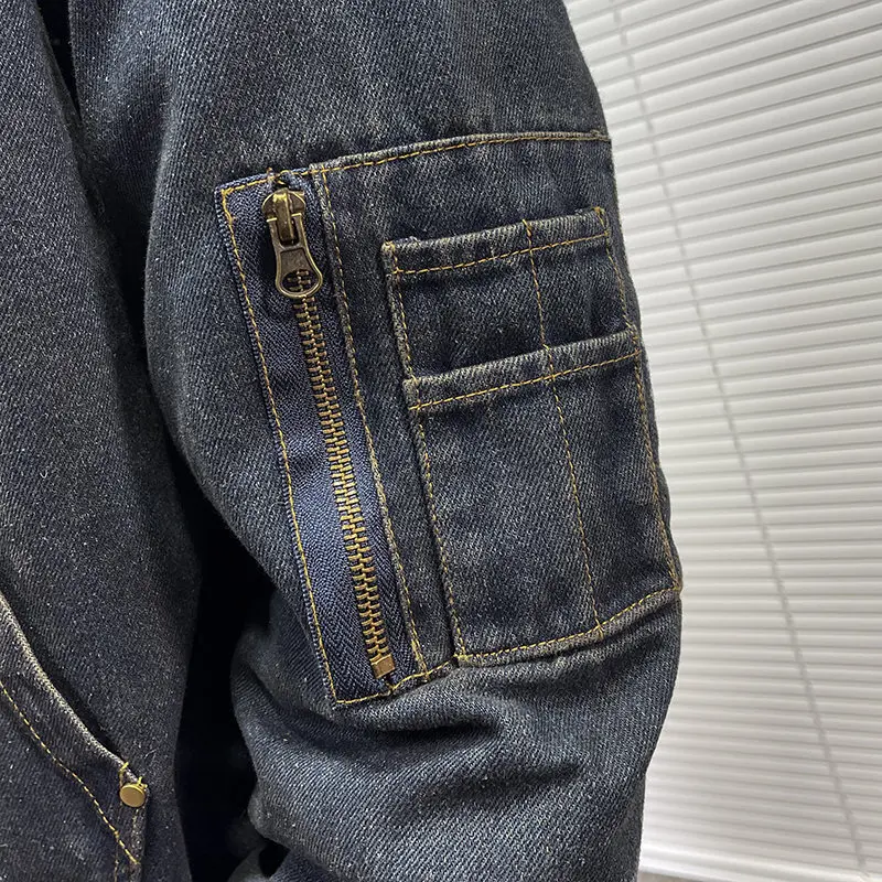FEWQ Men's Padded Jackets New Fashion Denim Fleece Hooded Worn-out Zipper Patchwork Loose Winter Male Clothing Stylish 24F1011 5