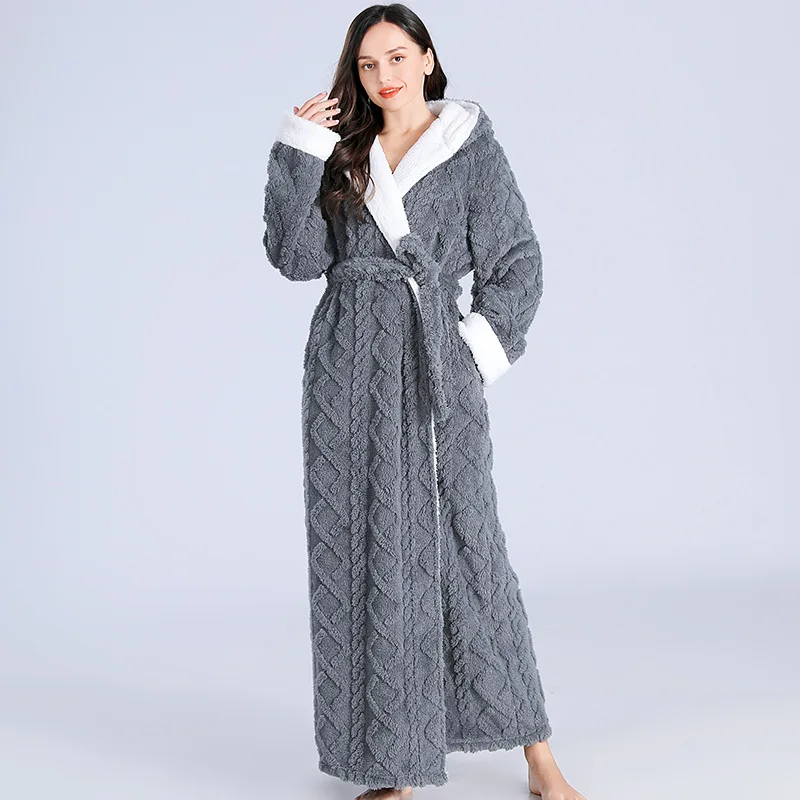 Thick Women Warm Bathrobe Solid Hooded Warm Ladies Dressing Gown Long Sleeve Fleece Pockets Flannel Bath Robe For Female