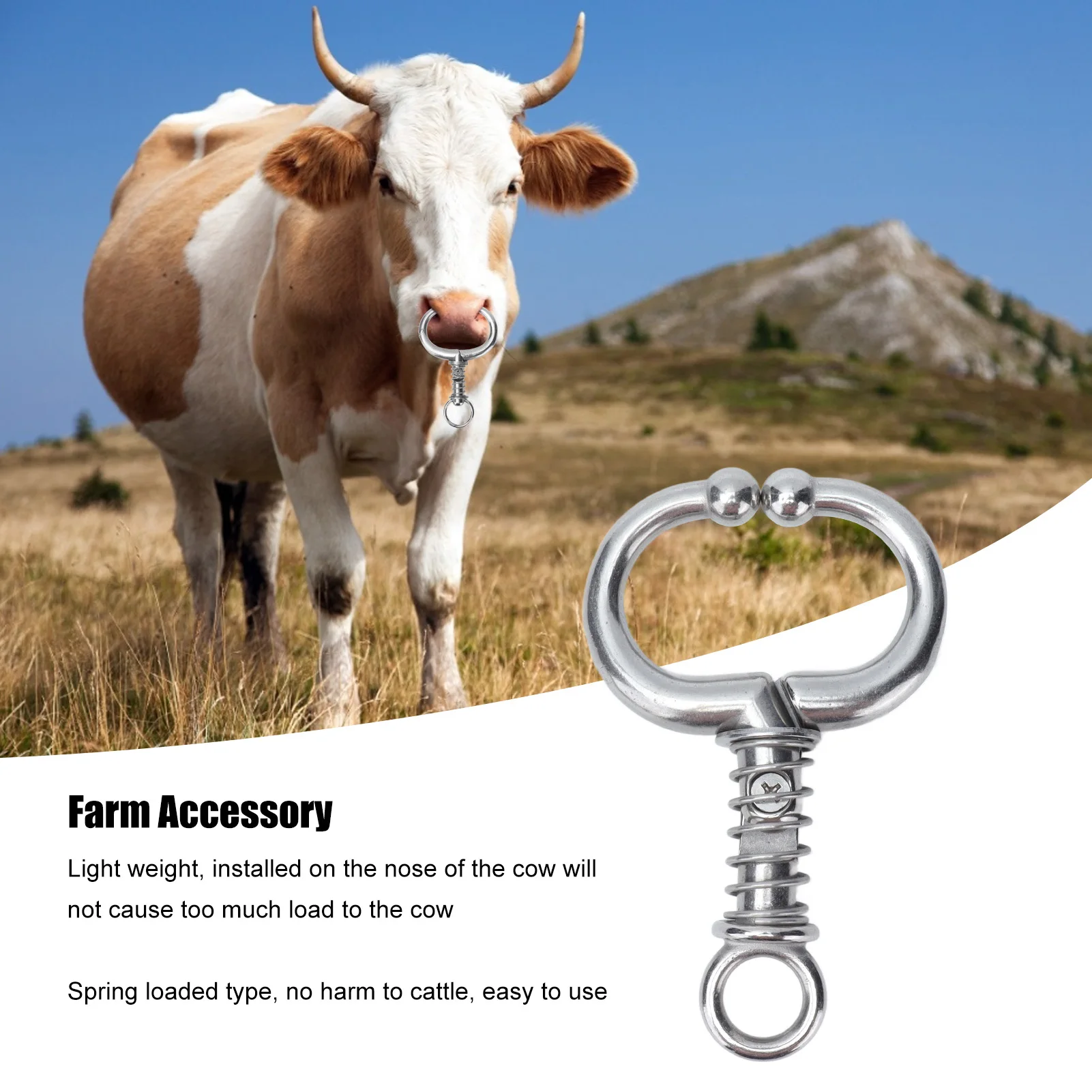 Cattle Nose Ring Stainless Steel Cattle Nose Clamp Bull Cow W Spring Ring for Farm