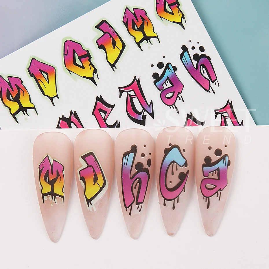 3pcs Colorful Number Letter Wave Line Design Nail Art Stickers 3D self Adhesive Cartoon Nail Art Decals DIY Manicure Decoration