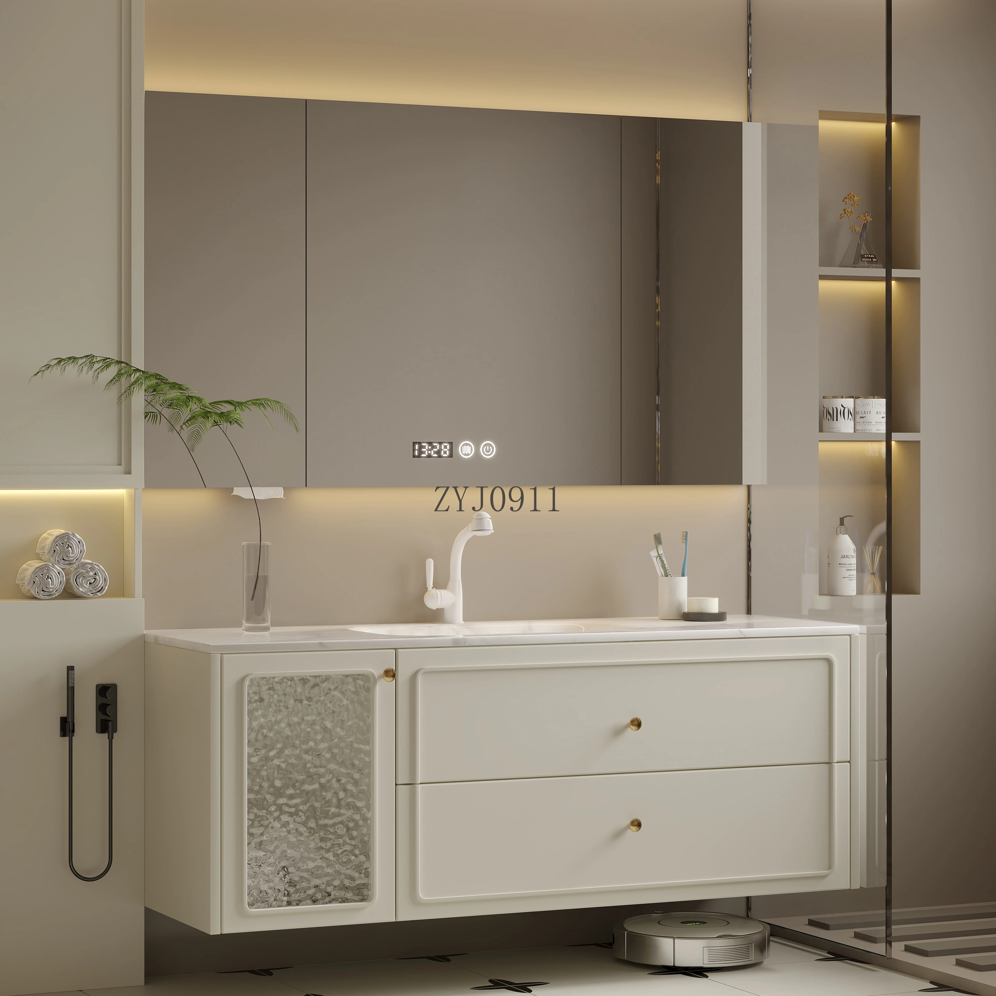 *French cream wind bathroom cabinet combination rock slab hot bending integrated basin oak washstand