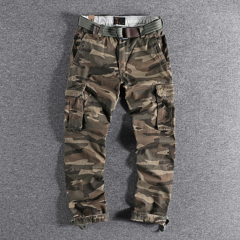 Pantaloni mimetici pesanti Abbigliamento uomo Multi-tasche Pantaloni da esterno patchwork in tinta unita Cargo retrò Abbigliamento casual Jogger - immagine 4