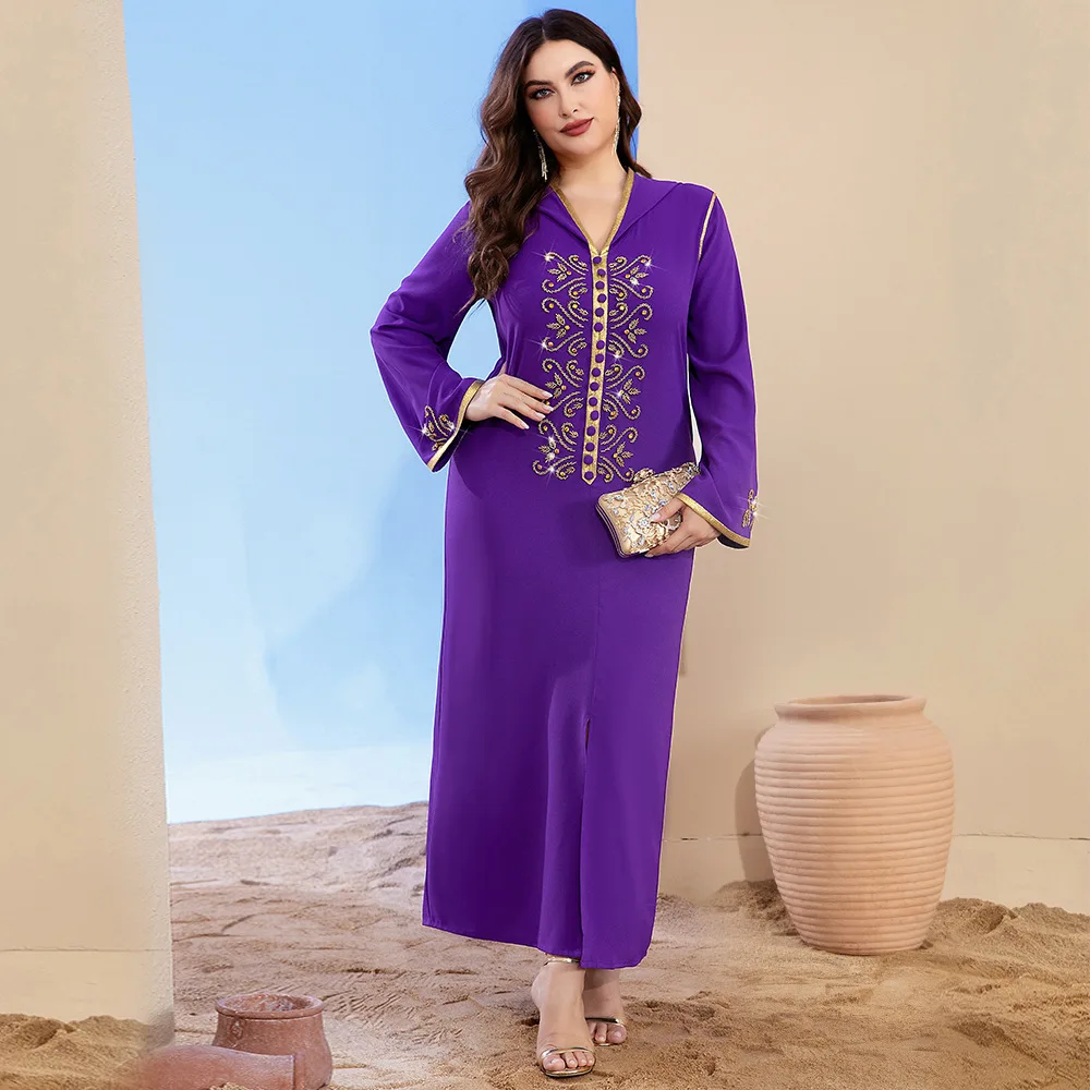 Abaya For Women Purple V-neck Print Split Front Dress Muslim Women's Wear Dubai Saudi Arab Djellaba Fashion Women Clothing