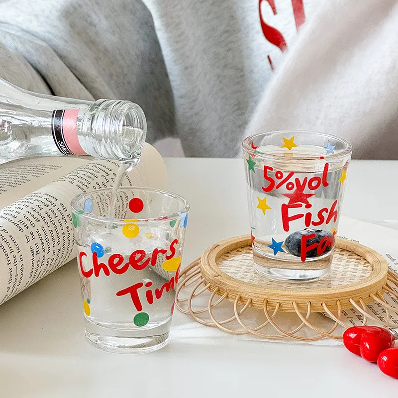 Letter Printed Glass Cup Wine Glasses,Cute Japanese Soju Glass,Thick Mini Whiskey Cocktail Glass Bar Wine Goblet Kawaii Cup Gift
