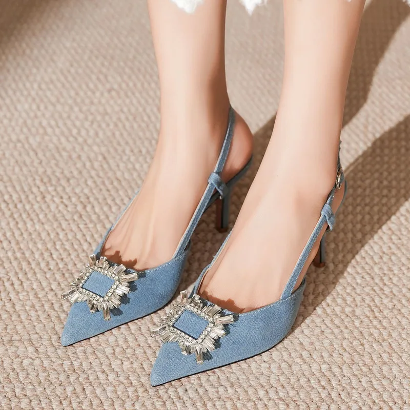 2024 Ny Denimblå Liten Parfympåse med Frampåse och Tomma Sandaler Bak, Höga Klackar, Strassstenar, Smal Klack, Pendlingsyrke_voghion.com