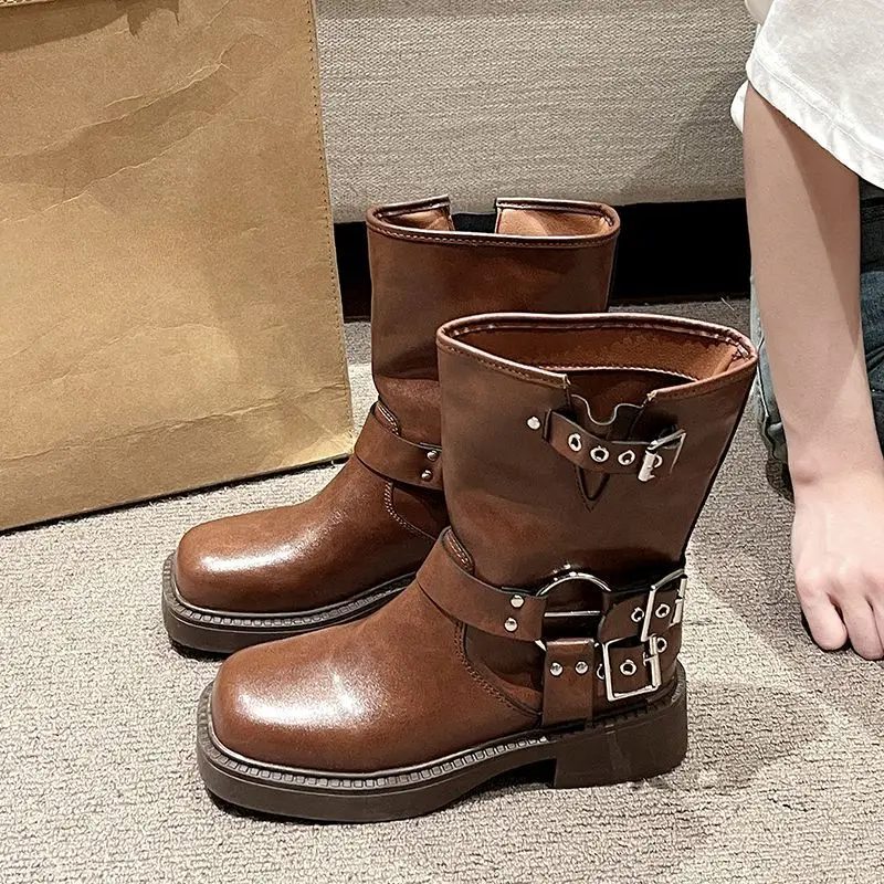 2024 New High Quality Women's Boots Autumn Winter Leather Short Boots Fashion Belt Buckle Shoes Slip on Thick Heels Boots Woman