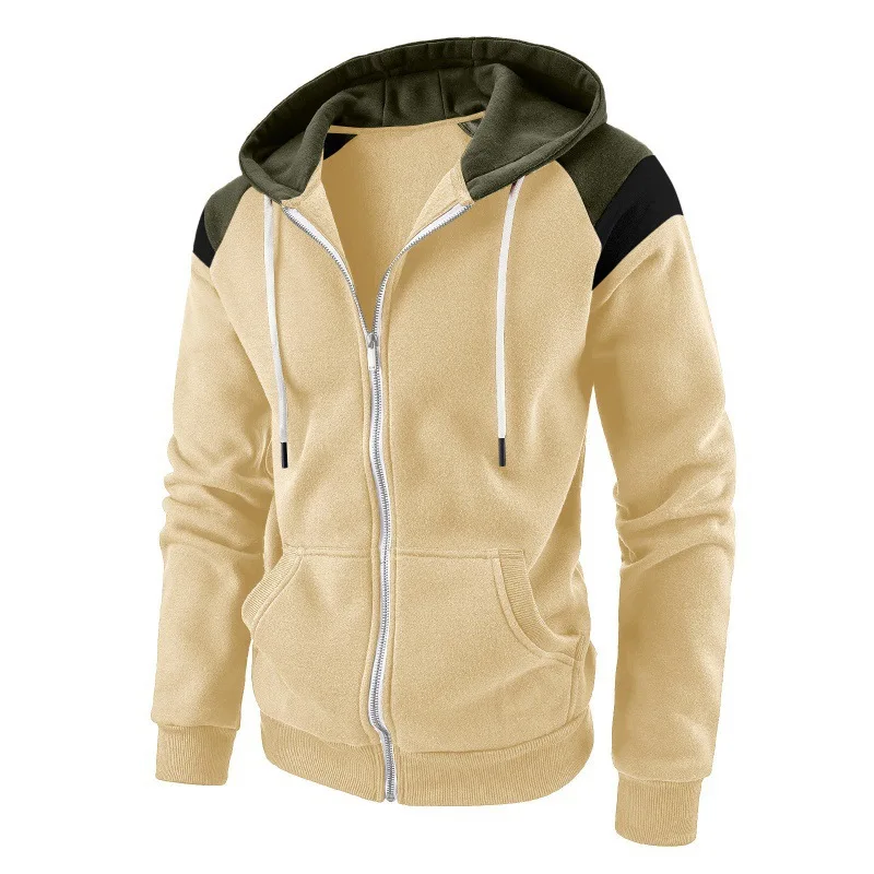 Spring and Autumn Season New Velvet Men's Colored Contrast Fashion Long sleeved Sweater Zipper Hooded Casual Sports Top