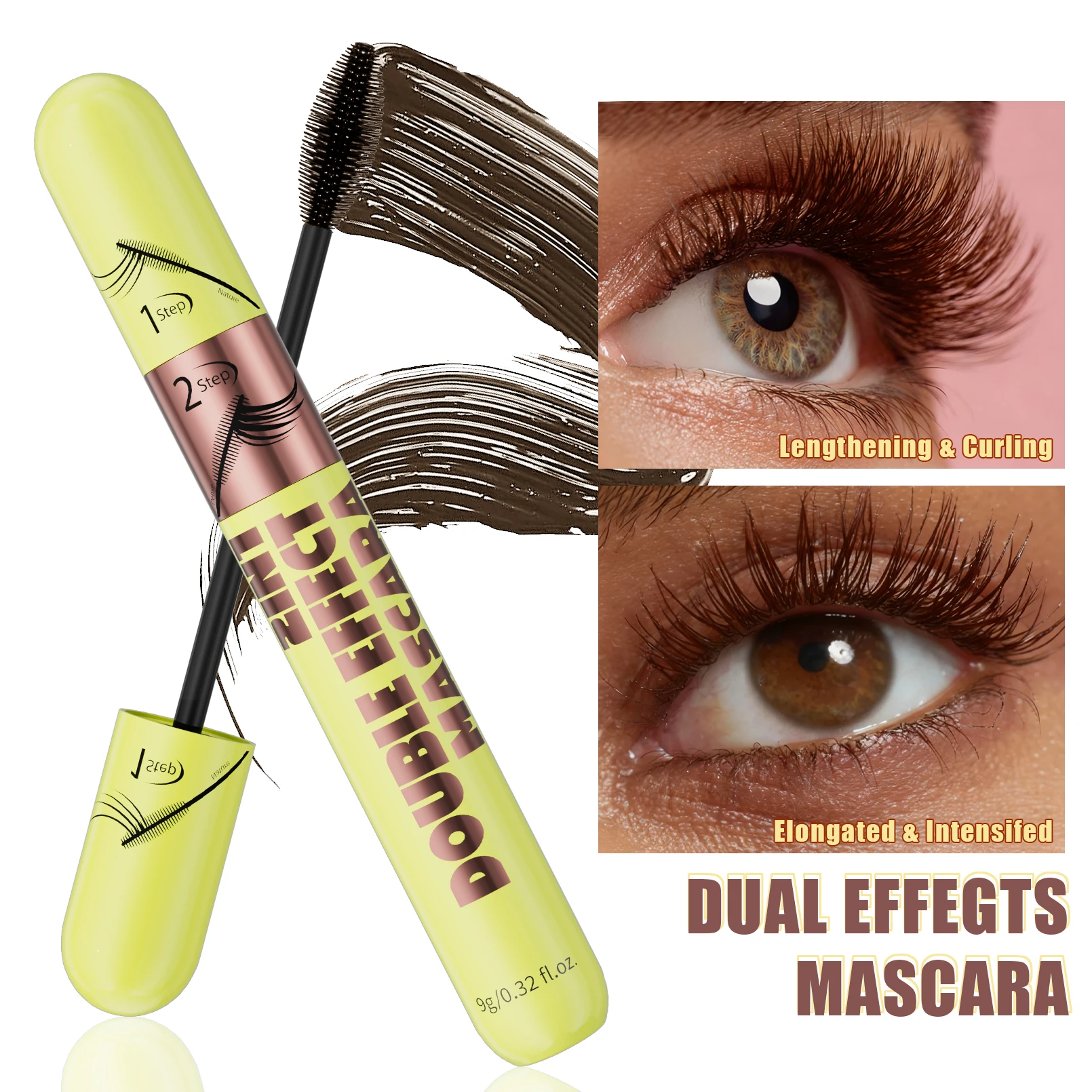 Waterproof Dual Brush Brown Mascara - Smudge-Proof and Clump-Free Formula for Lengthened Lashes