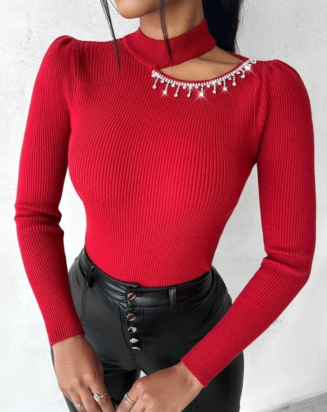 

Women's Rhinestone Tassel Design Cutout Knit Sweater Spring Fashion Asymmetrical Neck Long Sleeve Casual Daily Skinny Sweater