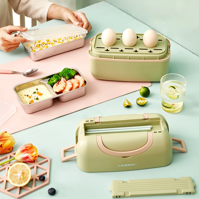 Multi Rice Cooker Electric Heating Lunch Box Portable Cooking Pot Stainless Steel Inner For Travel With Tableware