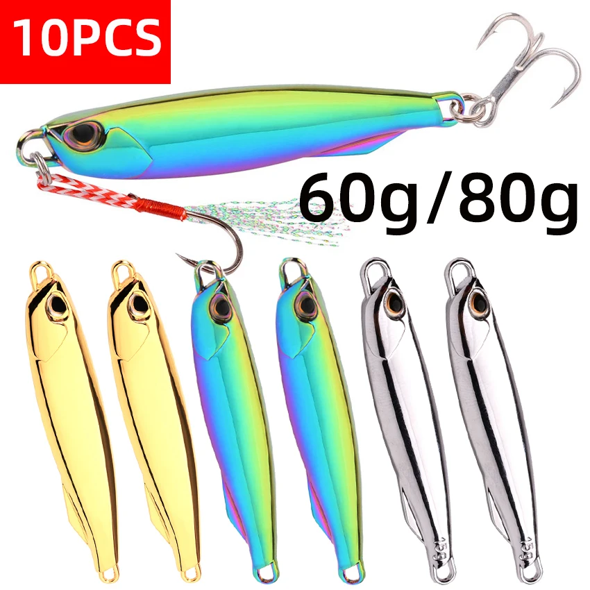 

10PCS Fishing Lures Metal Casting Jigs 60g 80g Shore Drag Jigging Silver Plating Shore Cast Decoys Sinking Artificial Pesca Lure