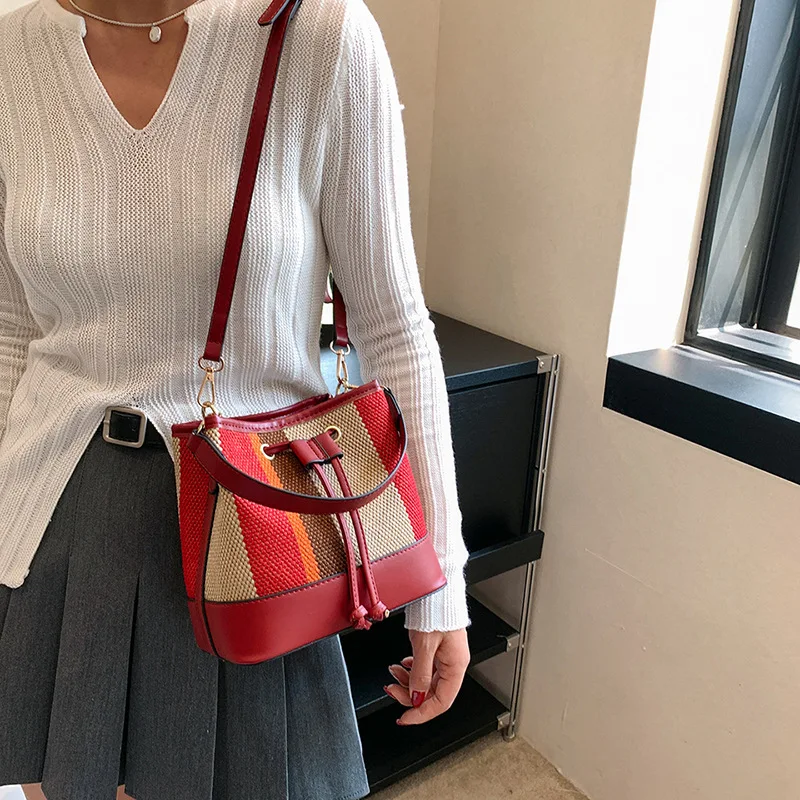 Large Capacity Handheld Bag for Women New Fashion Combination Color Contrast Shoulder Crossbody Texture Drawstring Bucket Bag