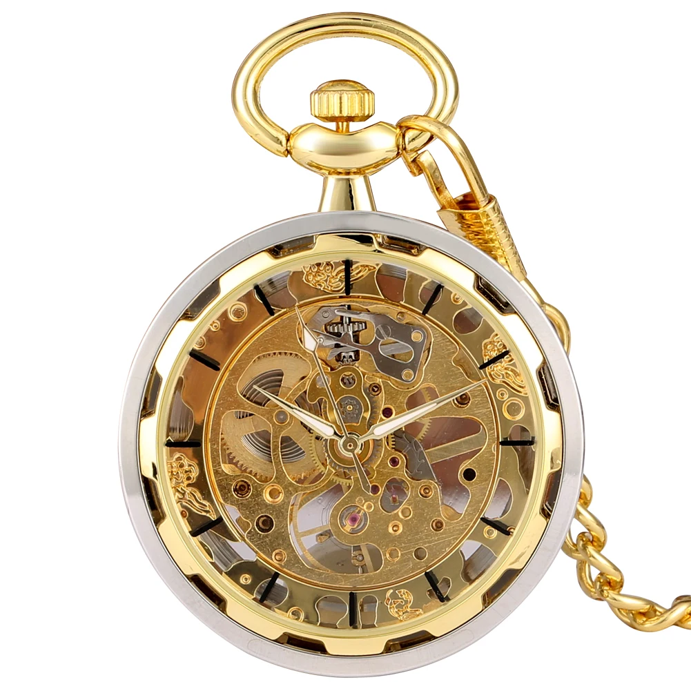 Silver Gold Transparent Hollow Mechanical Hand Winding Pocket Watch Vintage Gentleman Open Face Design Steampunk Retro Timepiece