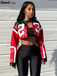 Faux Leather Varsity Jacket - Women's Hipster Letter Print Casual Streetwear Crop Coat - S (Red)