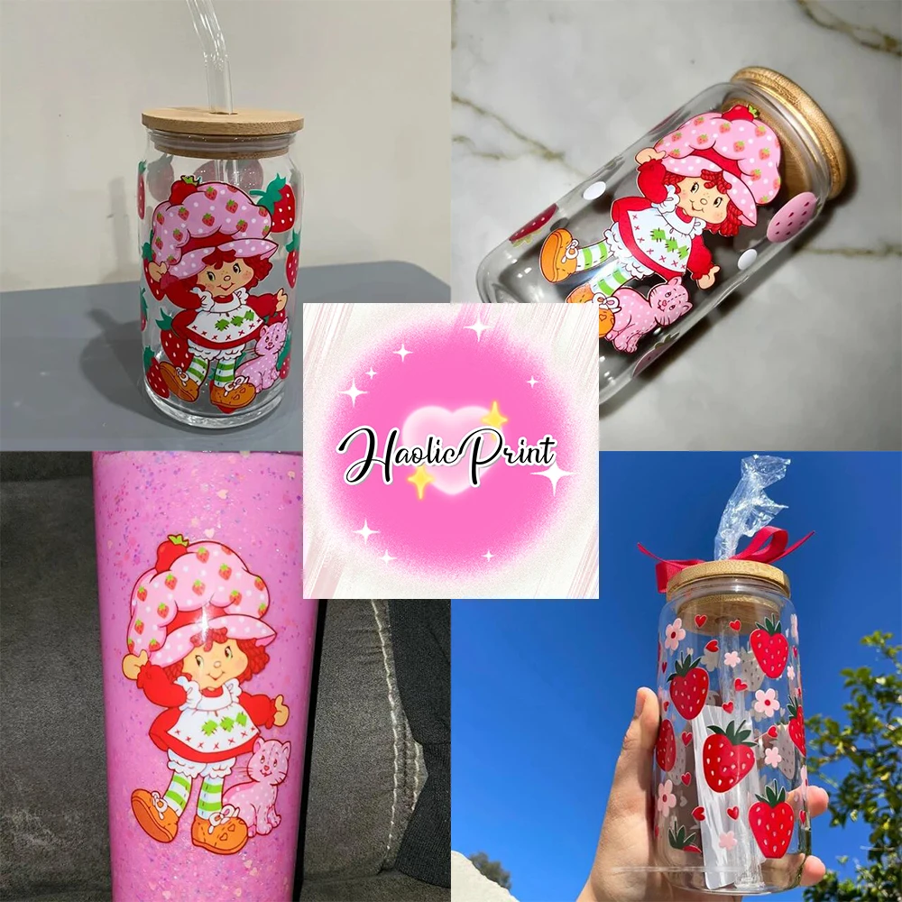 Baya fresa UV DTF taza envoltura 16oz vidrio DIY taza de San Valentín Era linda fresa chica regalo para ella envolturas de taza libre de moda