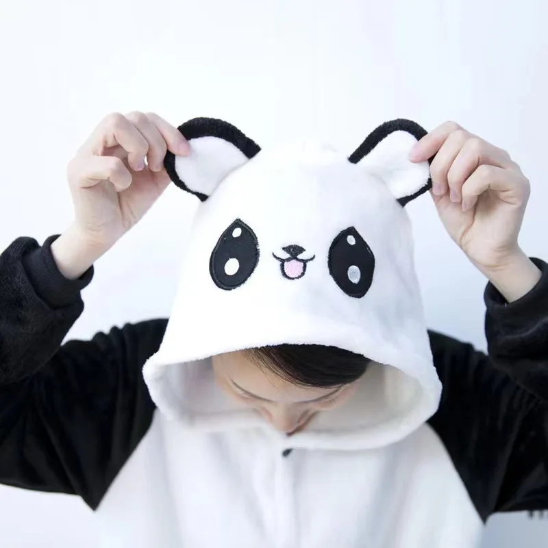 Unisex Adult Cartoon Panda Costume Halloween Christmas Sleepwear Jumpsuit Onesies Warm Plush Cosplay Pajamas For Women And Men