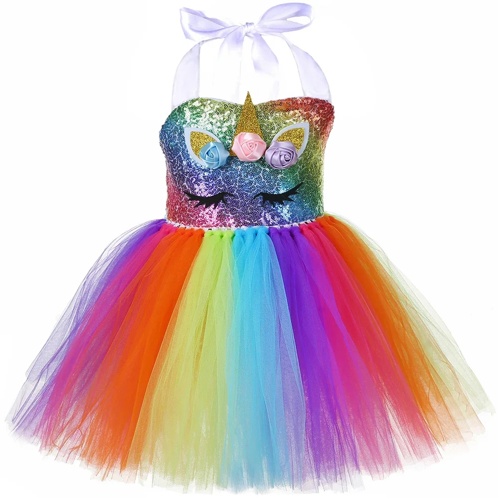 Girls Unicorn Dress LED Light Up Rainbow Sequins Birthday Party Princess Tutu Dress Christmas Halloween Costume Kids Clothes