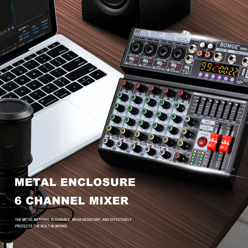Professional metal 99DSP 6 Channel Recording Audio Mixer interface With USB 48V BT Sound Console Card for PC MP3 DJ karaoke