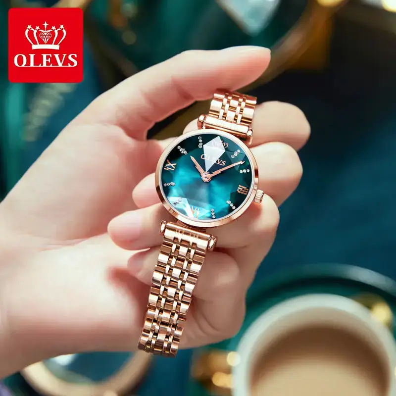 OLEVS Brand Elegant Watch for Women Fashion Luxury Stainless Steel Strap Diamond Mirror Green Dial Waterproof Quartz Wristwatch