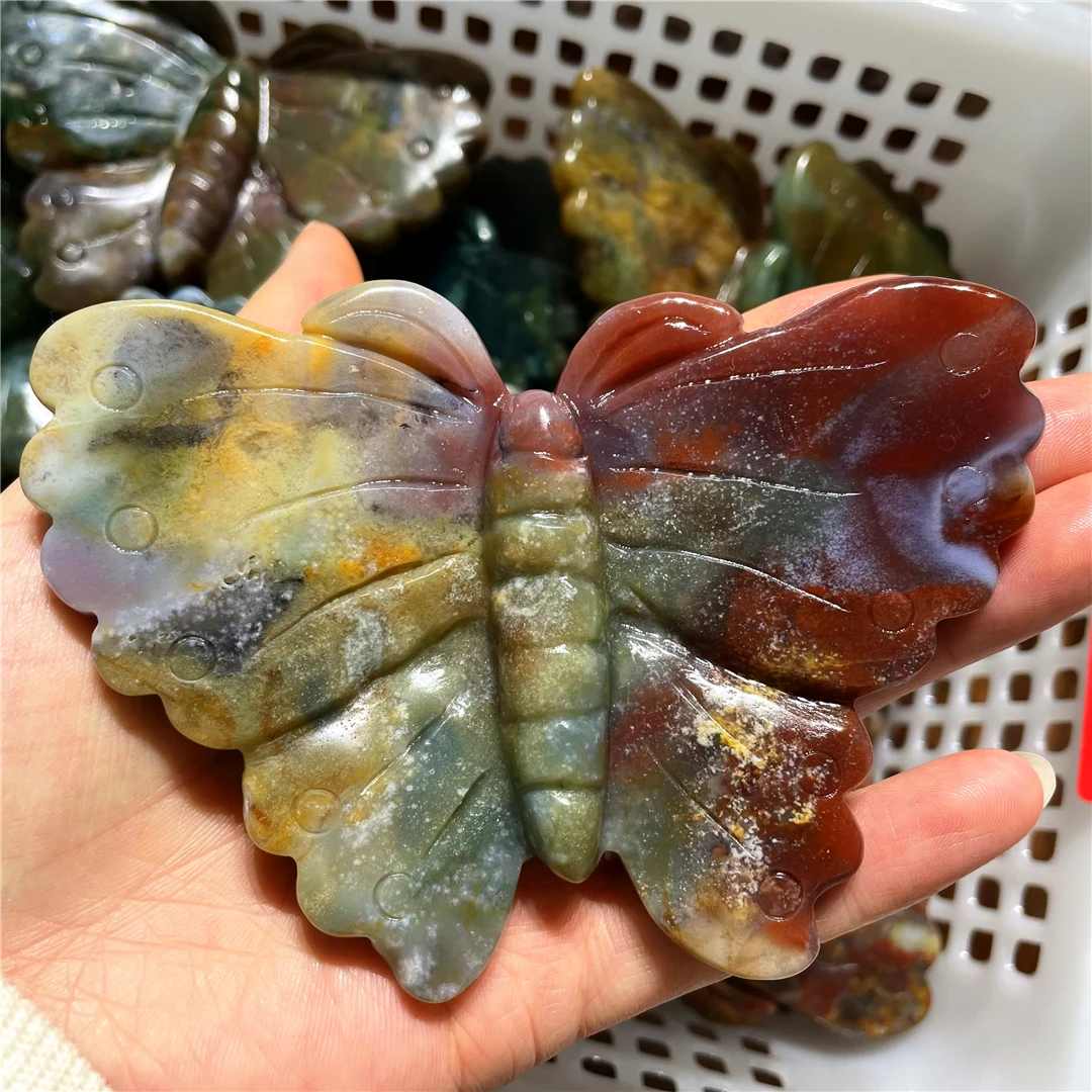 

10CM Natural Colorful Ocean Jasper Crystal Butterfly Jewelry Carving Crafts Original Minerals Gifts Gemstones Room Decorations