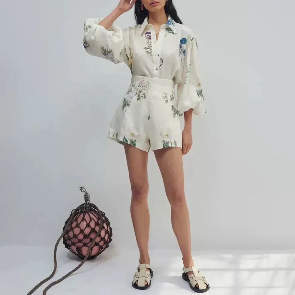 2023 Autumn Women Fashion Printing Puff Sleeve Long Sleeve Shirt High Waist Shorts Set Retro Floral Two-Piece Set Famale