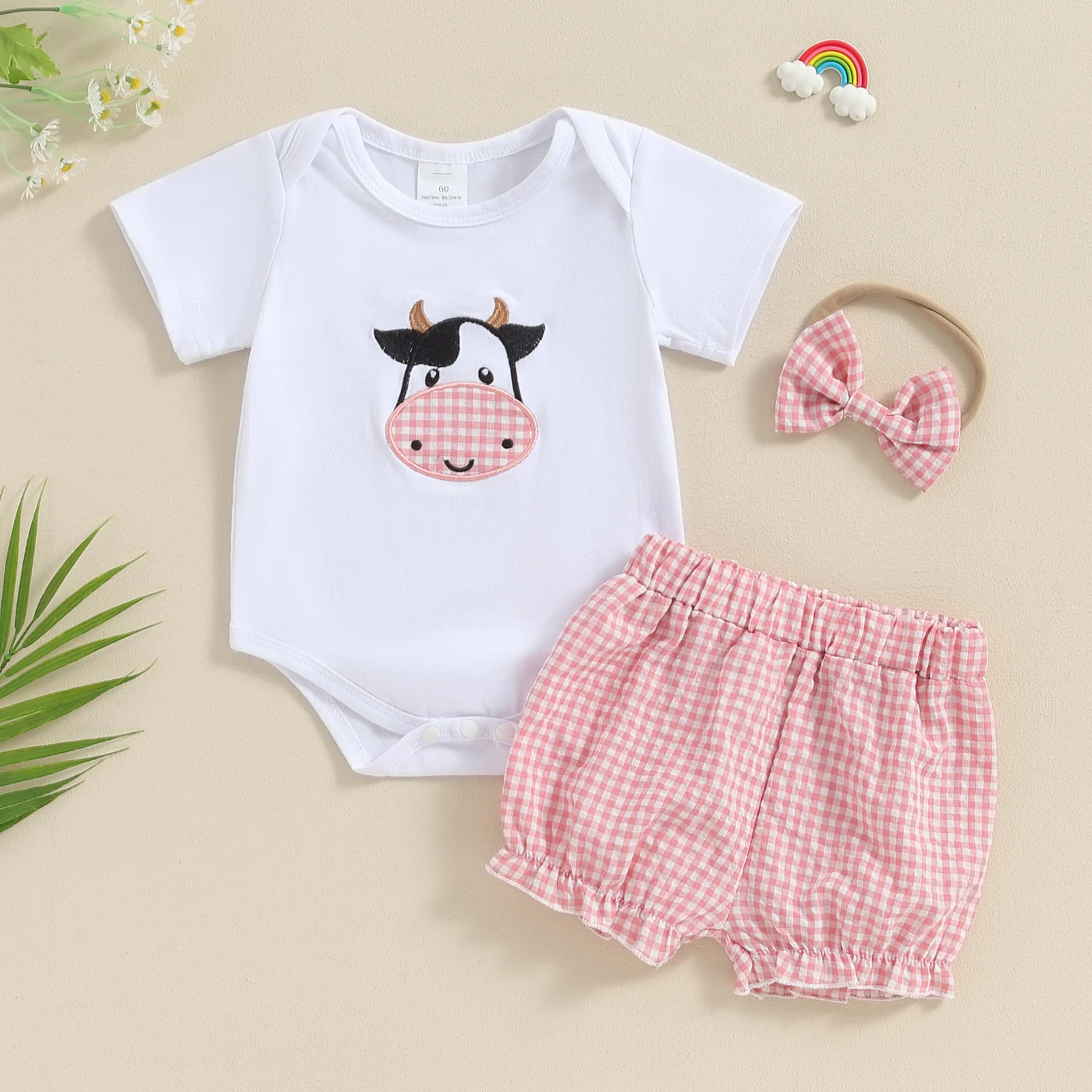 Citgeett Summer Infant Baby Boys Girls Outfits Short Sleeve Romper + Plaid Shorts + Headband Set Casual Clothes