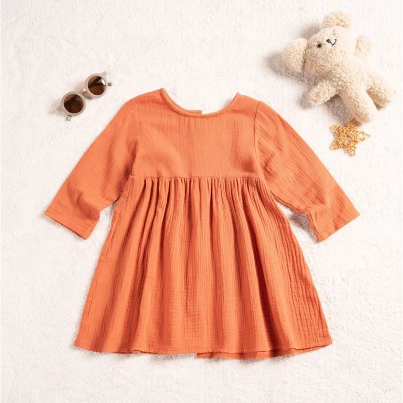 

Solid Casual Dress Girls Long Sleeved Dresses Cotton Round Neck A-line Dress Toddler Girl Clothes Spring & Autumn