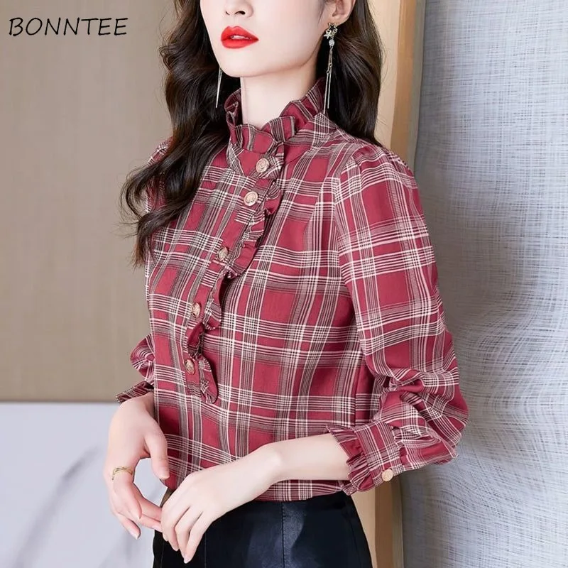 

Long Sleeve Shirts Tops Women Thick Plaid Autumn Winter Thermal Warm New Chic Velvet Mock Neck Ruffles Female Vintage Elegant