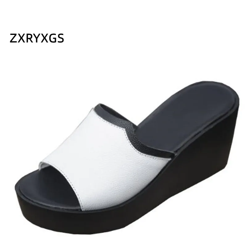 

ZXRYXGS Outdoor Wear Top Cowhide Summer Leather Slippers Women Sandal Shoes 2024 Fashion Versatile Wedges Slipper High Heels