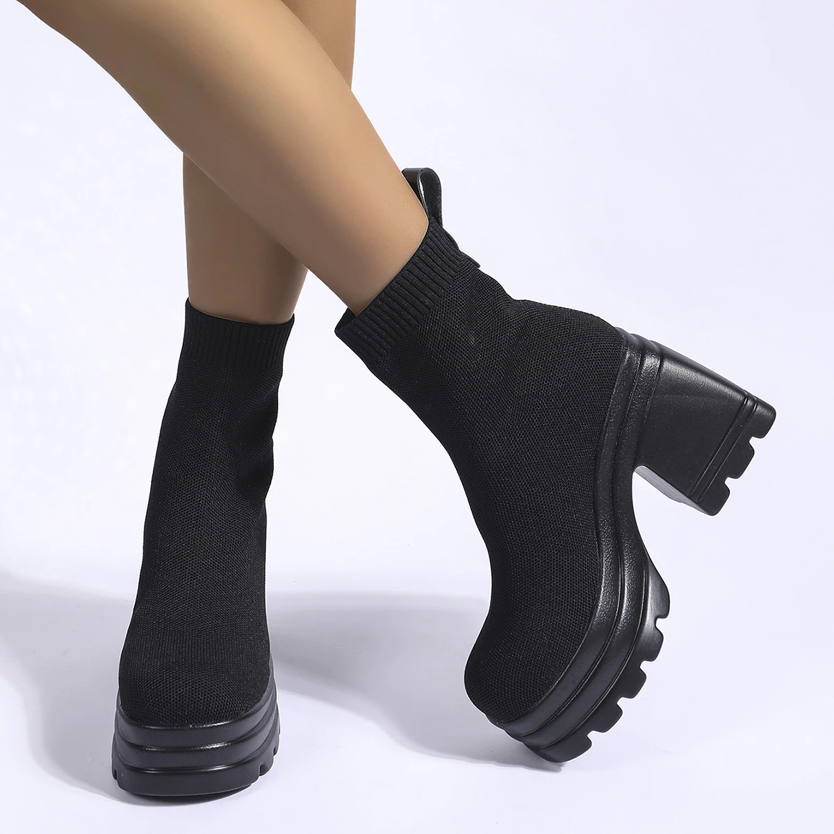 Aphixta Black Cotton Fabric Breathable Ankle Boots Women High Heel Platform Lady Footwear Shoes Elastoc Women Sock Boots