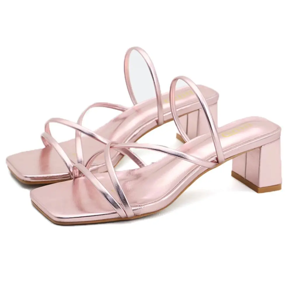 

Women Summer High-heeled Slippers Square Toe Slippers Casual Stiletto Luxury Brand Shoe Fashion New Roman Sandal female a274