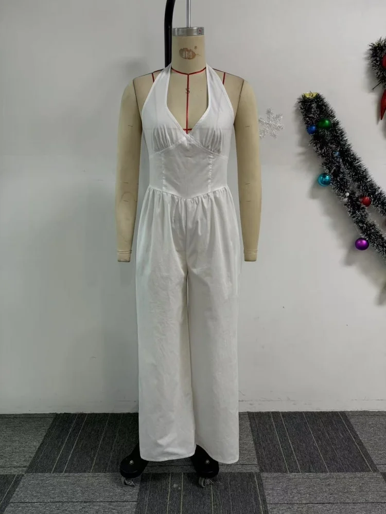 Wmstar Jumpsuit Women 2025 Wholesale Elegant Halterneck V Neck Backless Bodycon Solid Color Wide Leg Romper Drop Shopping