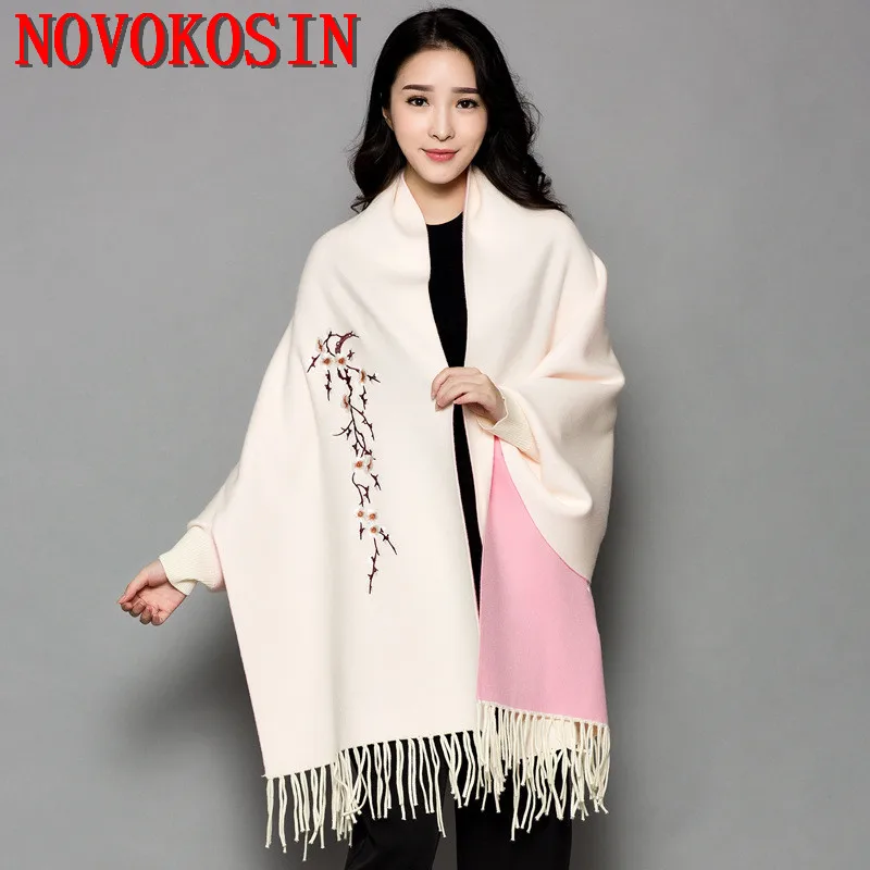 Outstreet Wear Loose Cape Winter Knitted Poncho Women Batwing Sleeves Embroidered Plum Blossom Cardigan Tassel Long Cloak