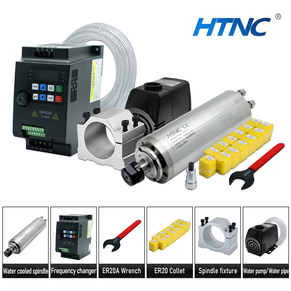 2200W CNC Spindle Motor 220v ER20 2.2kw Round Water Cooling Spindle 24000RPM +2.2kw VFD 50/60hz +Water Pump +80mm Bracket
