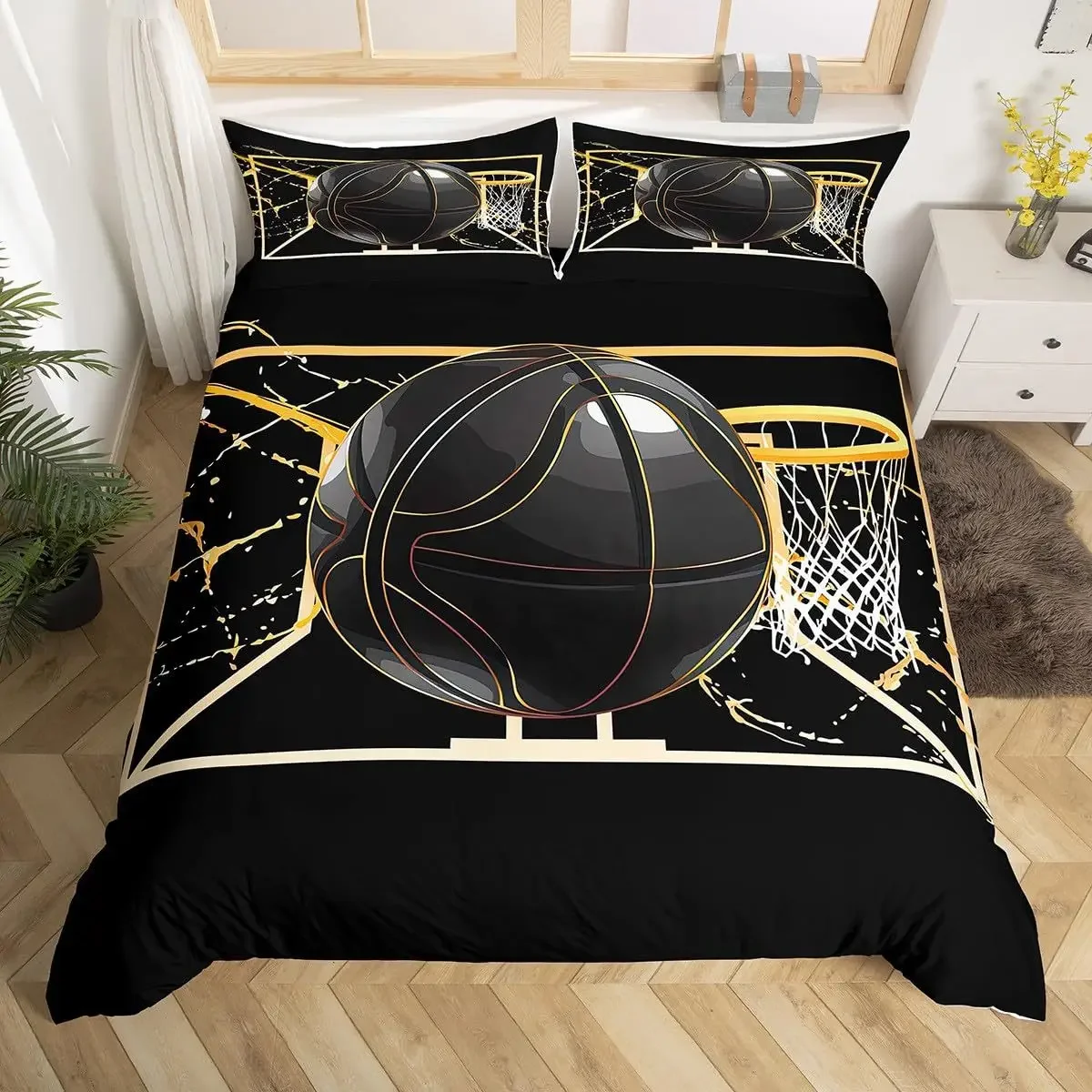 Basketball Comforter Cover Queen Size Sport Dunk Basketball Duvet Covers For Kids Teens, Black Ball Print Bedding Set All Season