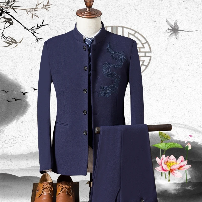 Mens Suit Men's Stand Collar Chinese Style Wedding Dragon Totem Embroidered Suit 3 Piece Suit Set Jacket Vest Pants Men's Coat