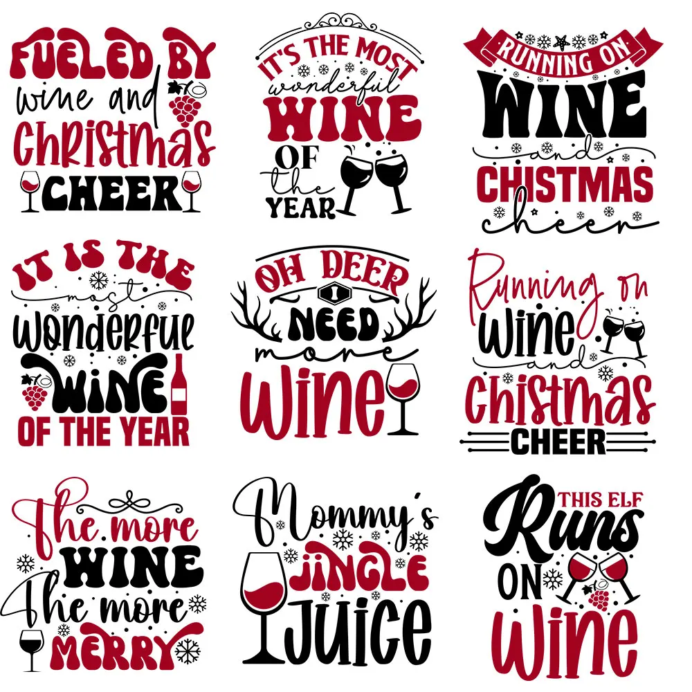 

Merry Christmas Wine Clothes Stickers Iron On Patches Printing Design Custom Decals Heat Transfer Appliques For T-shirt Decals