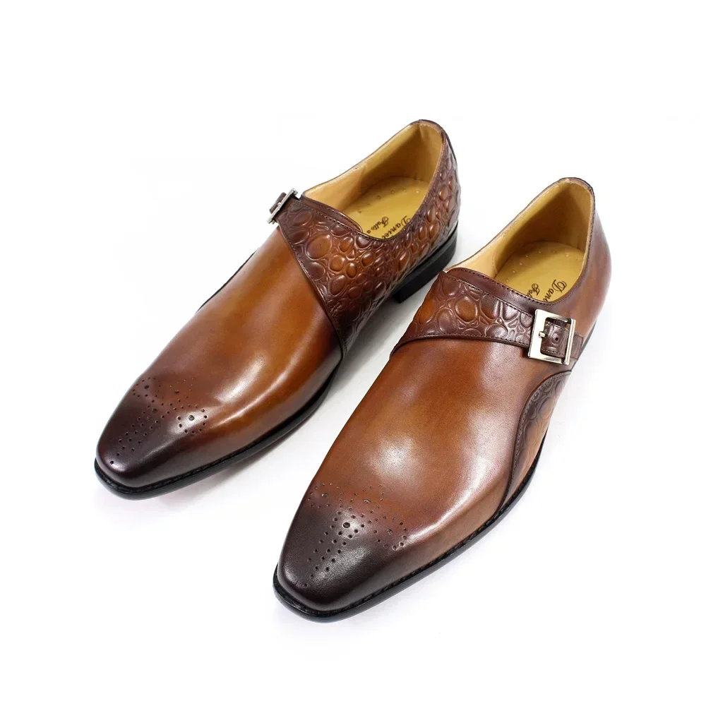 Luxury Genuine Calf Leather Monk Strap Wedding Dress Shoes for Men Alligator Print Handmade Business Office Formal Shoes