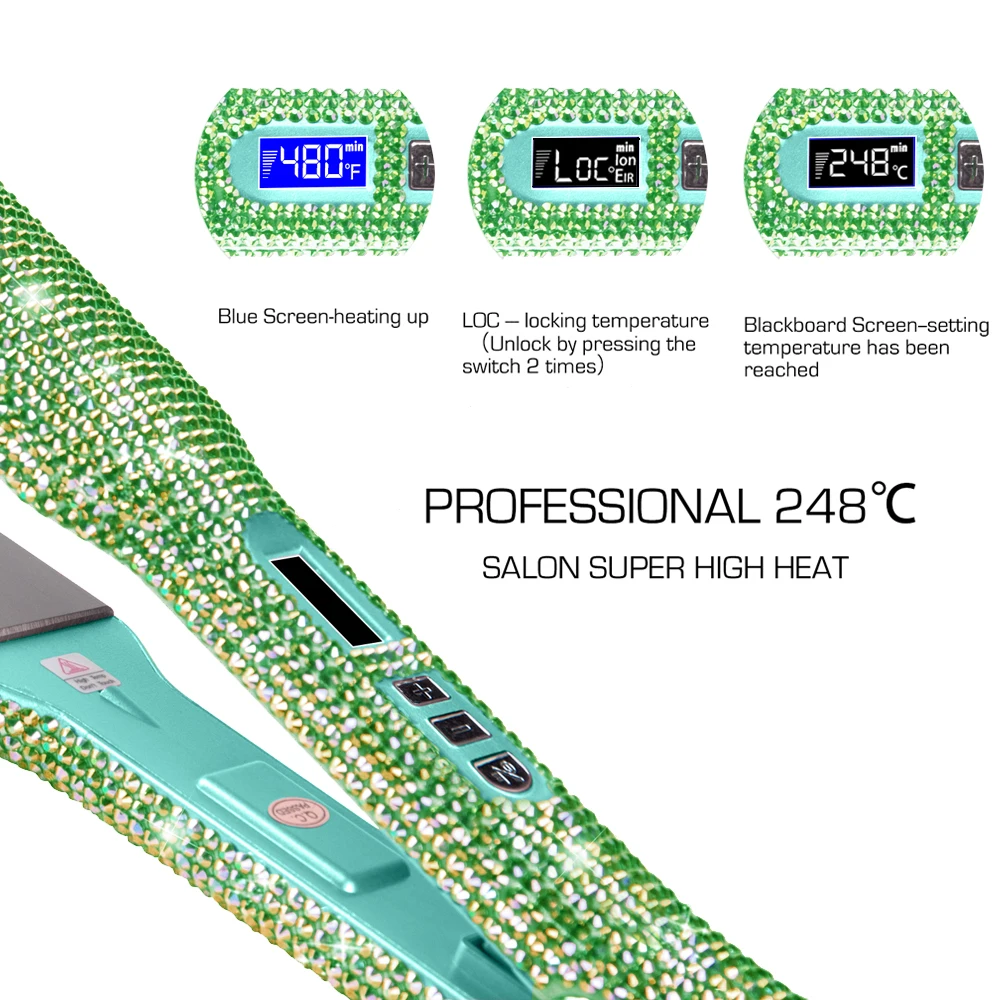Rhinestone Flat Iron Titanium Hair Straightener Dual Voltage Iron Professional Hair Tools LCD Display 2 Inch Plate Irons 4