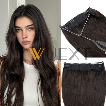 YWUEXT Clip In One Piece Human Hair Extensions with Adjustable Fish Wire 12-24 inches Halo Hair Extensions Flip ins 60-100g