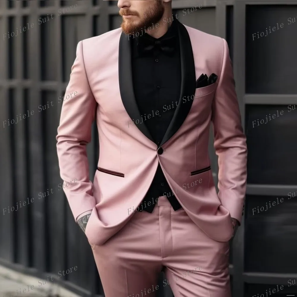 

Men Business Suit Wedding Party Pink Prom Groom Groomsman Tuxedos 2 Piece Set Jacket Pants