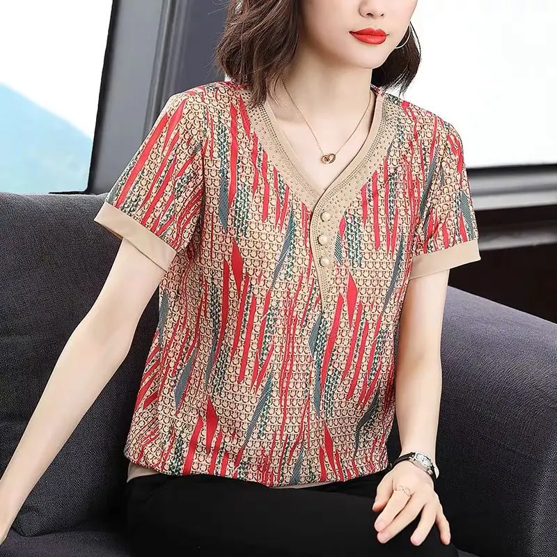 Stylish Diamonds Short Sleeve Pullovers Loose Summer Casual V-Neck Button Women's Clothing Vintage Printed Folk Commute T-shirt