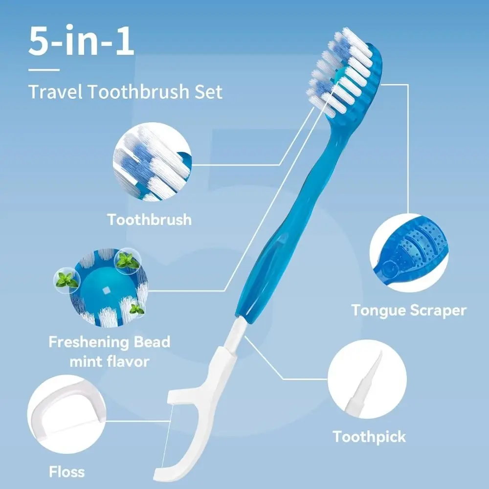 New with Freshening Bead Mini Travel Toothbrush Disposable Portable Prepasted Toothbrush Travel 5 in 1 Toothbrushes with Floss