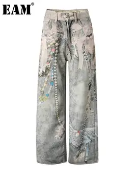 [EAM] High Waist Blue Denim Printed Vintage Long Wide Leg Jeans Pants New Trousers Women Fashion Tide Spring Autumn 2026 CPG6268