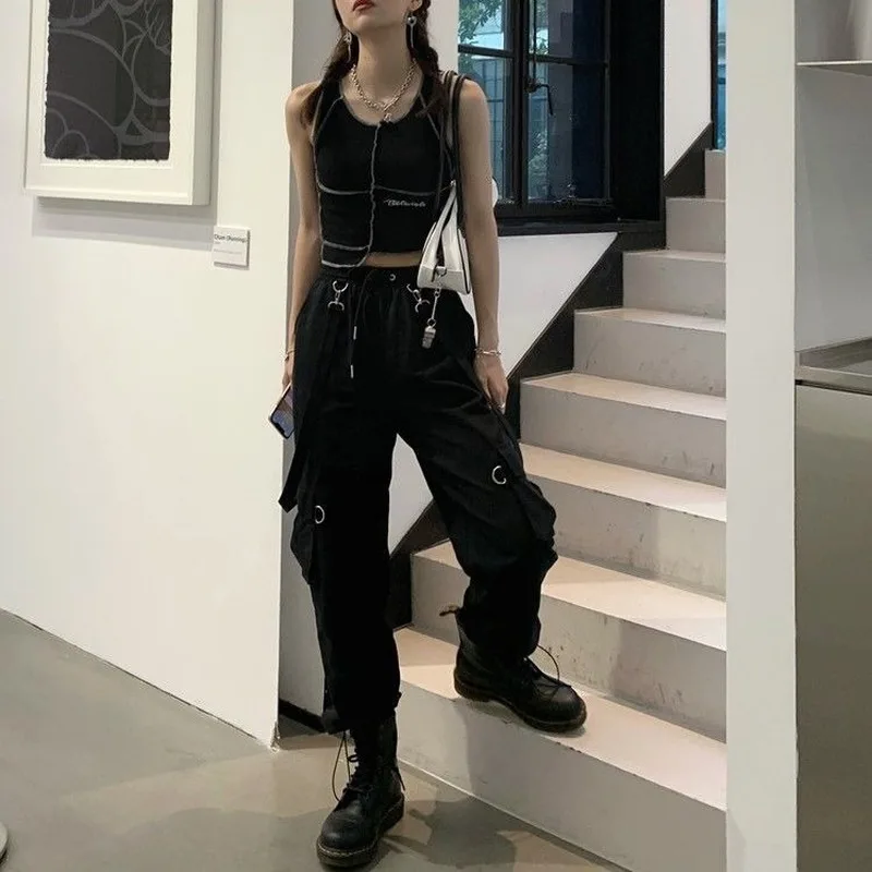 Harajuku Spring Summer Cargo Pants Women Streetwear Black Elastic Waist