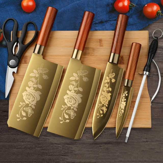 Titanium Coated 14 Pieces Stainless Steel Chef Gold Kitchen Knife Sets with  White Block - AliExpress