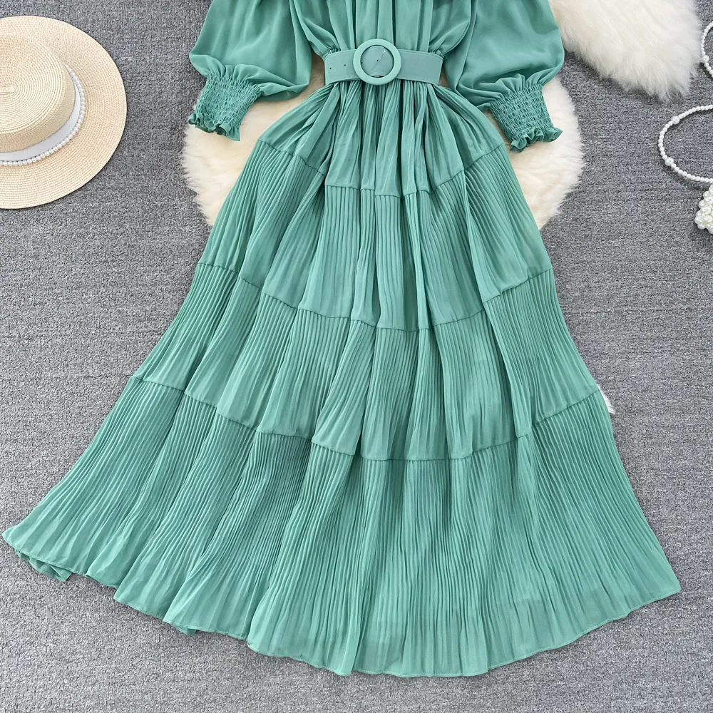 Women Vintage Off Shoulder Dress Chiffon Summer Sweet Lotus Leaf Edge Elegant Pleated Dresses Ladies Evening Party Long Dress